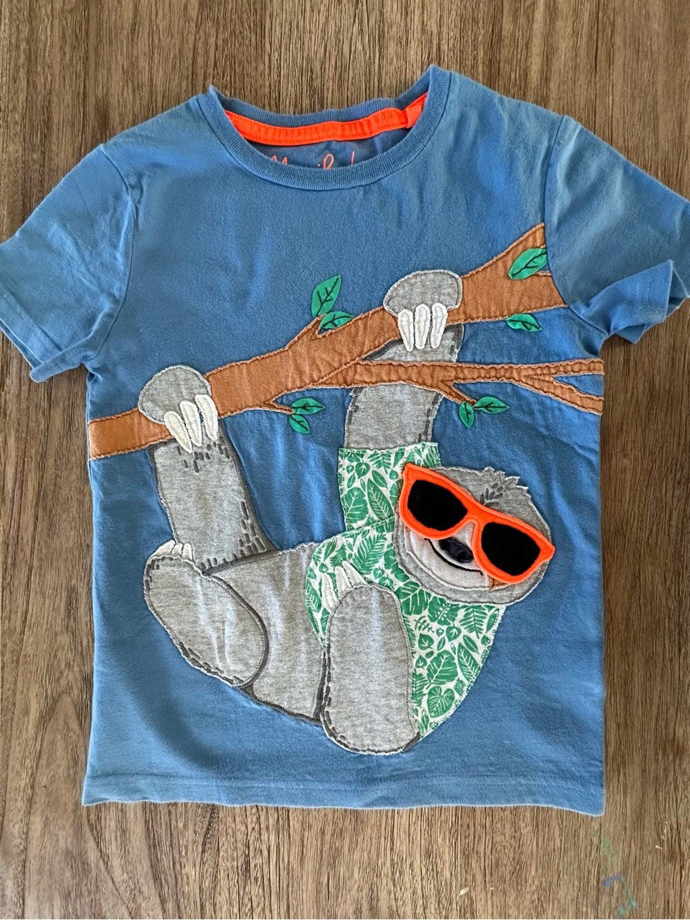 Mini Boden Blue Sloth Tee with Orange Sunglasses